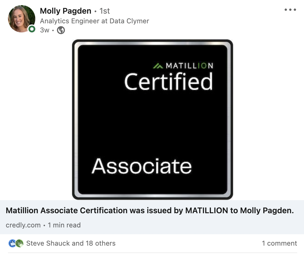 Matillion Certified Associate Molly Pagden, Data Clymer